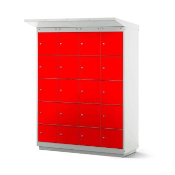Vooraanzicht van de Lockeel fietsaccu laadlocker met 16 compartimenten en sleutelslot in felrode kleur.