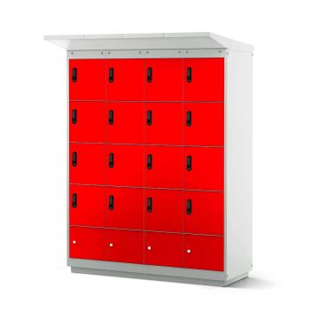 Vooraanzicht van de Lockeel fietsaccu laadlocker met 16 compartimenten en elektronisch codeslot in felrode kleur.