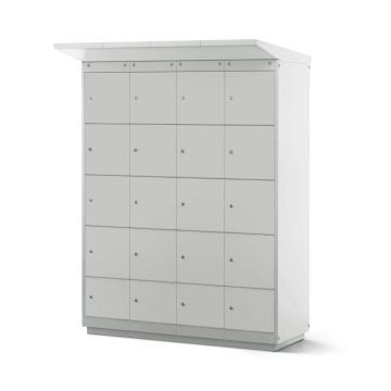 Zijaanzicht van de Lockeel fietsaccu laadlocker met 16 compartimenten en muntslot, gesloten en in een neutrale omgeving.