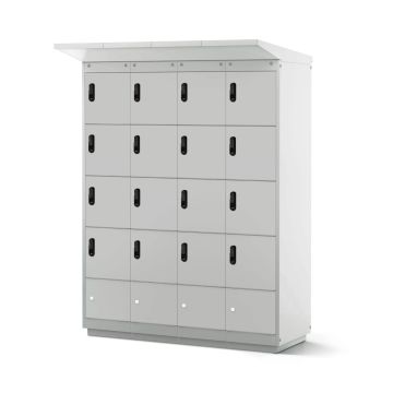Zijaanzicht van de Lockeel fietsaccu laadlocker met 16 compartimenten en elektronische codesloten.