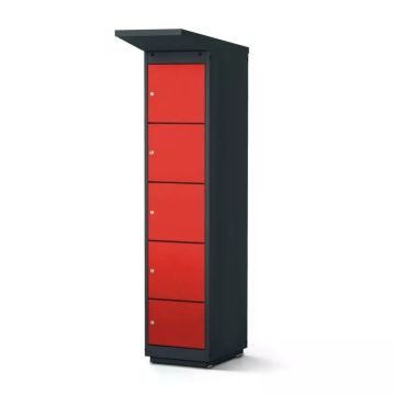 Zijaanzicht van de Lockeel fietsaccu laadlocker met vier compartimenten en muntslot, gesloten en in een moderne afwerking.