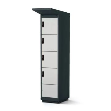 Zijaanzicht van de Lockeel fietsaccu laadlocker met vier compartimenten en elektronische codesloten.