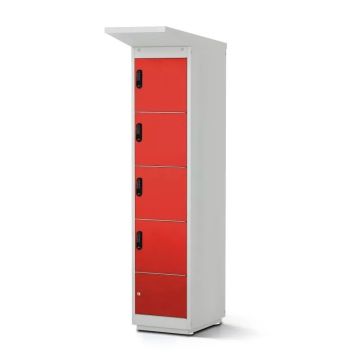 Zijaanzicht van de Lockeel fietsaccu laadlocker met vier compartimenten en elektronische codesloten.