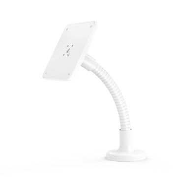 Zijaanzicht van de Compulocks Flex VESA tafelhouder in wit met flexibele arm.