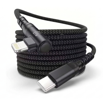 Detailweergave van de Torvik USB-C naar haakse Lightning connector met een zwarte gevlochten kabel.
