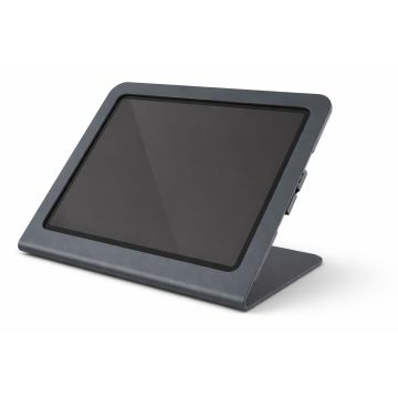 Zijaanzicht van de Heckler Design Windfall tabletstandaard voor iPad Air, in een hoekige positie met een strak ontwerp.