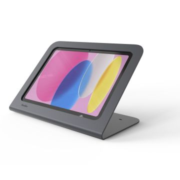 Zijaanzicht van de Heckler Design Windfall tabletstandaard voor iPad 10.9 inch, met een kleurrijk scherm zichtbaar.