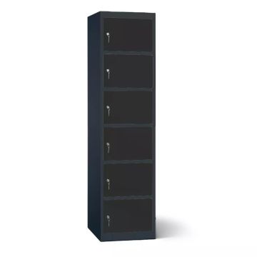 Zijaanzicht van de Lockeel accu laadlocker met 6 compartimenten, gesloten met sleutelslot.