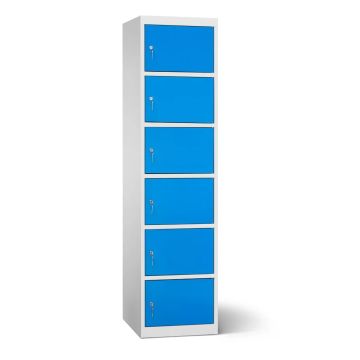 Zijaanzicht van Lockeel accu laadlocker met 6 compartimenten en sleutelslot, met gesloten compartimenten in opvallend blauw.