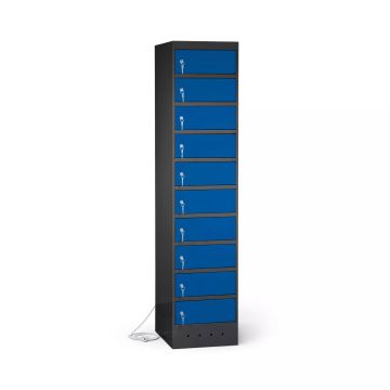 Zijaanzicht van de Lockeel laptop laadlocker met 10 compartimenten, gesloten met sleutelsloten en een kabel voor stroomvoorziening.