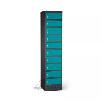 Zijaanzicht van de Lockeel laptop laadlocker met 10 compartimenten en sleutelslot, met zichtbare oplaadkabel.