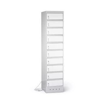 Zijaanzicht van de Lockeel laptop laadlocker met 10 compartimenten, gesloten met sleutelslot.