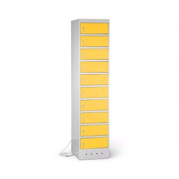 Zijaanzicht van de Lockeel laptop laadlocker met 10 compartimenten en sleutelslot, met open compartimenten en zichtbare kabelbeheer.