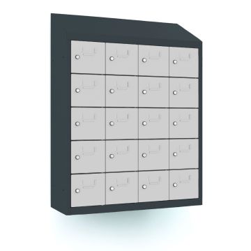 Studiofoto van de Lockeel telefoonlocker met 20 vakken en dichte deuren, schuin vooraanzicht van de grijze wandkast met individuele sleutelsloten.