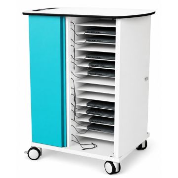 Open Zioxi onView2 oplaadkar met zichtbare laptopcompartimenten en kabelbeheer.