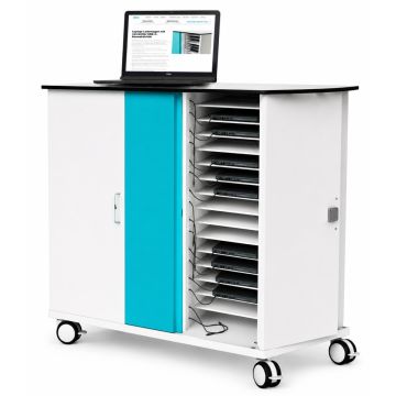 Zijaanzicht van de Zioxi onView2 oplaadkar met open compartimenten voor 32 laptops en een laptop op de bovenkant.