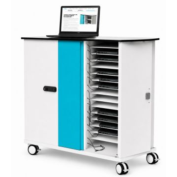 Zijaanzicht van de Zioxi onView2 netwerk USB-C laptop oplaadkar met open compartimenten en zichtbare kabels.