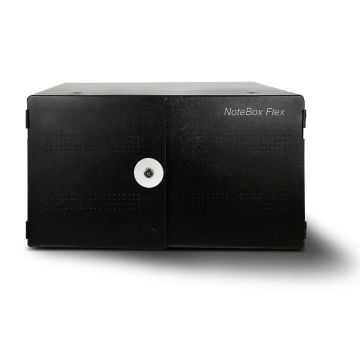 Voorkant van de LEBA NoteBox Flex 16 AC oplaadkast met gesloten deuren en RFID-slot.