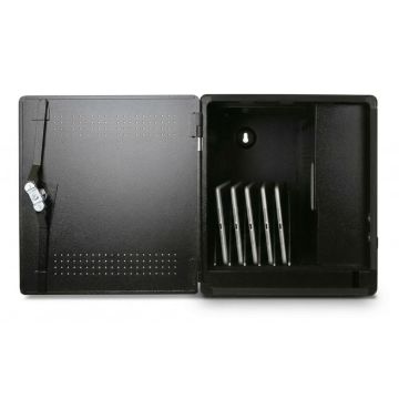 Open LEBA NoteBox Flex 5 AC oplaadkast met vijf apparaten tot 11 inch in de laadcompartimenten.