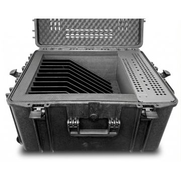 Open LEBA NoteCase Livingstone AC oplaadkoffer met zichtbare compartimenten voor 10 apparaten tot 15,6 inch.