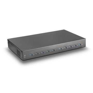 Zijaanzicht van de Torvik OLH-DC-10 oplaadhub met 10 USB-poorten, in een moderne afwerking.