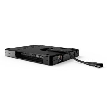 Achteraanzicht van de Compulocks Plus Hub VESA Multi-Port Hub met zichtbare aansluitingen en een aangesloten kabel.