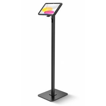 Zijaanzicht van de Compulocks Swift PowerMove vloerstandaard voor iPad 11 inch, zwart, met een tablet in gebruik.