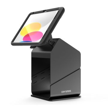 Zijaanzicht van de Compulocks POS-standaard met printerhouder, iPad in gebruik met een heldere display.