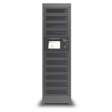 Vooraanzicht van de Power Technologies PT-PRO-10 modulaire oplaadlocker met 10 compartimenten en bedieningsscherm.