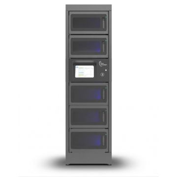 Vooraanzicht van de Power Technologies PT-PRO-5 modulaire oplaadlocker met vijf grote compartimenten en bedieningsscherm.