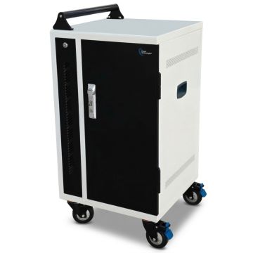 Zijaanzicht van de Power Technologies PT-VERT-15 AC oplaadkar met een gesloten deur en zichtbare handgreep.