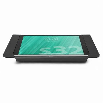 Bovenaanzicht van de Smart Things sDock Fix tafelstandaard voor iPad 9, met een zwart ontwerp en een iPad in gebruik.