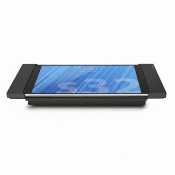 Zijaanzicht van de Smart Things sDock Fix tafelstandaard voor iPad Air 11 inch, zwart, met iPad in gebruik.