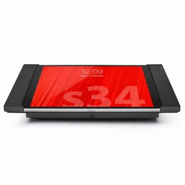Zwarte Smart Things sDock Fix tafelstandaard voor iPad Air, frontaanzicht met iPad in gebruik.