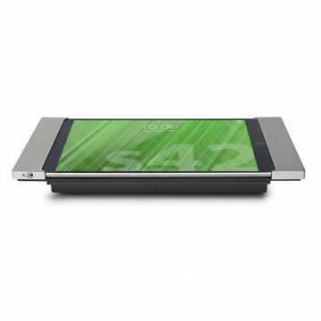 Bovenaanzicht van de Smart Things sDock Fix tafelstandaard voor iPad A16 met een zilveren afwerking en een iPad in gebruik.