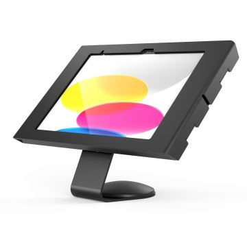 Zijaanzicht van de Compulocks Core Swell tafelhouder voor iPad, met een kleurrijke achtergrond en een stevige basis.
