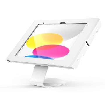 Hoekzicht van de Compulocks Core Swell tafelhouder voor iPad 10.9 inch in wit, met een kleurrijke achtergrond en een stevige basis.