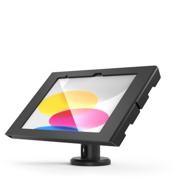 Zijaanzicht van de Compulocks Rise tafelhouder met iPad in een hellende positie, zichtbaar met kleurrijke achtergrond.