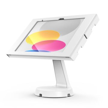 Zijaanzicht van de witte Compulocks Mast Swell tafelstandaard voor iPad 11 inch, met een heldere schermweergave.