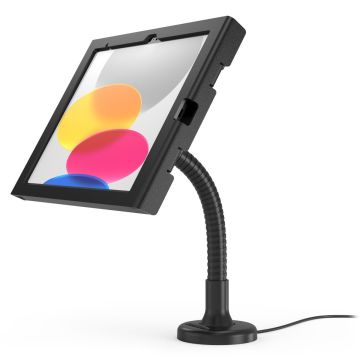 Zijaanzicht van de Compulocks Flex Swell tafelhouder voor iPad met flexibele arm en zwart ontwerp.