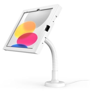 Zijaanzicht van de Compulocks Flex Swell tafelhouder voor iPad, met flexibele arm en wit ontwerp.