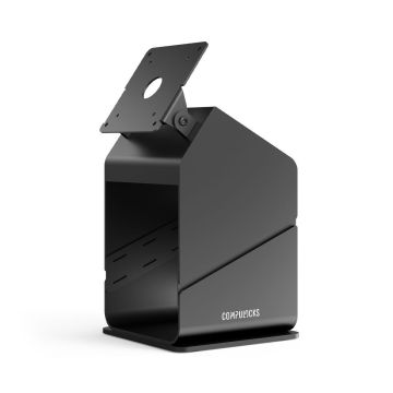 Zijaanzicht van de zwarte Compulocks tabletprinter VESA kiosk met een bevestigingsplaat bovenaan.