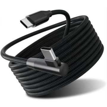 Detailweergave van de Torvik USB-C naar haakse USB-C oplaadkabel met een zwarte gevlochten omhulsel en haakse connector.