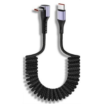 Detailweergave van de Torvik USB-C naar haakse USB-C krulsnoer oplaadkabel met een zwart, gevlochten ontwerp en haakse connectoren.