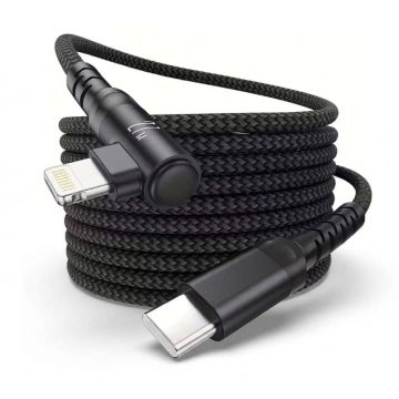 Detailopname van de Torvik USB-C naar haakse Lightning connector met een zwarte gevlochten kabel.