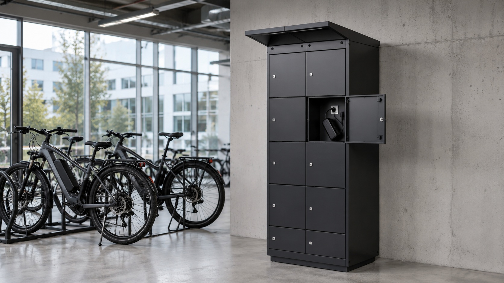 Oplaadlocker voor fietsaccu's met een open deur waar een accu wordt geladen in een ruimte waar elektrische fietsen staan