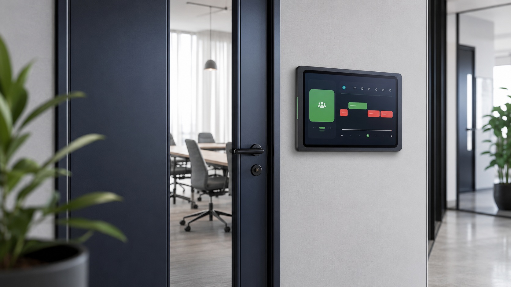 Wandgemonteerde tablet in een anthraciet aluminium behuizing naast een vergaderruimte, met room reservation software zichtbaar op het scherm in een moderne kantooromgeving.