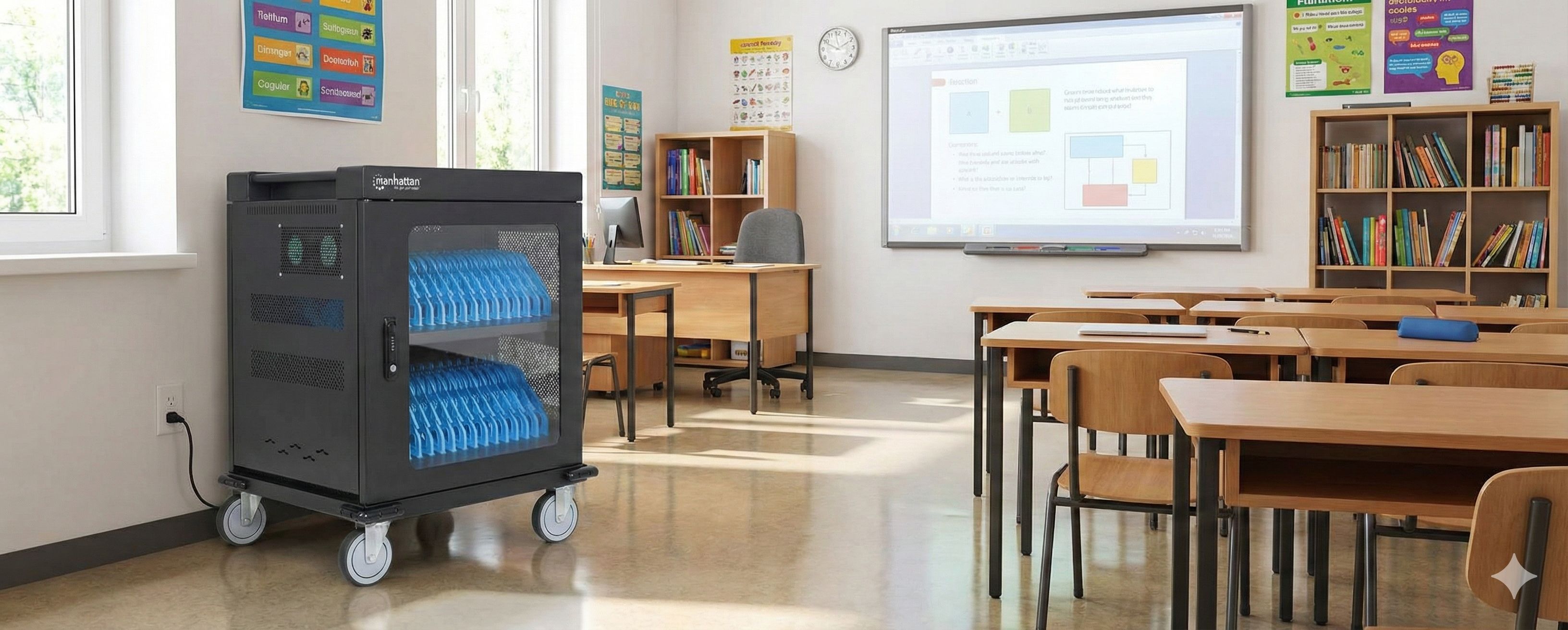 Zwarte mobiele oplaadkar voor laptops en tablets in een modern klaslokaal opstelling