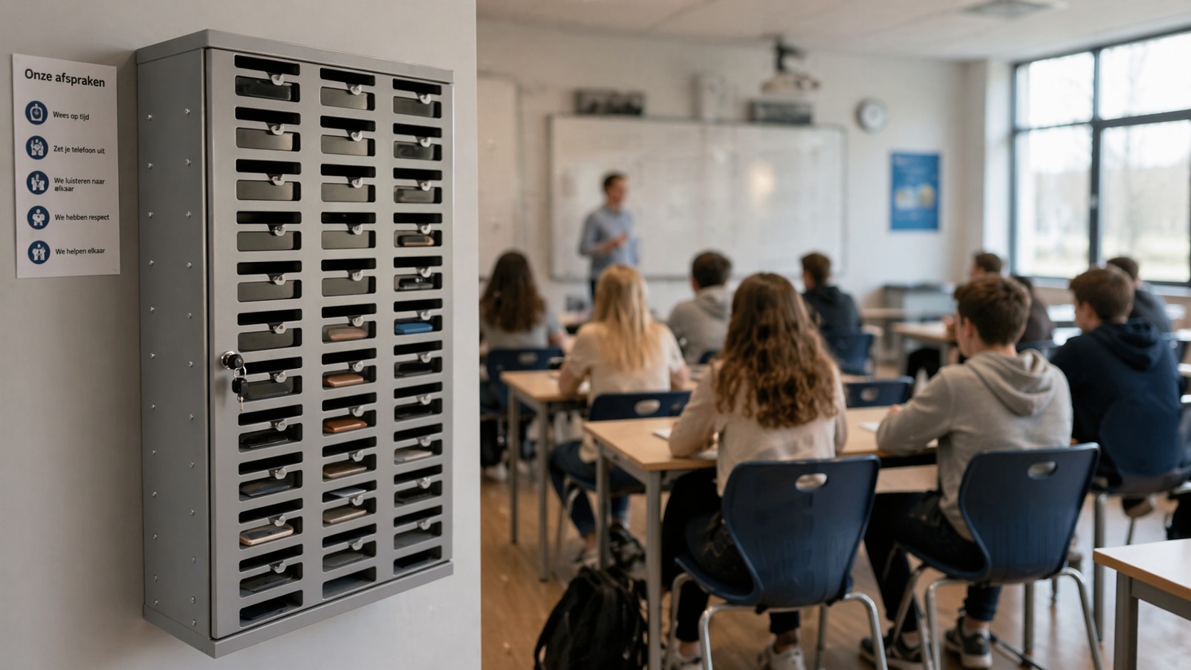 Telefoonlocker aan een muur in een schoollokaal waar door een leraar onderwijs wordt gegeven aan leerlingen
