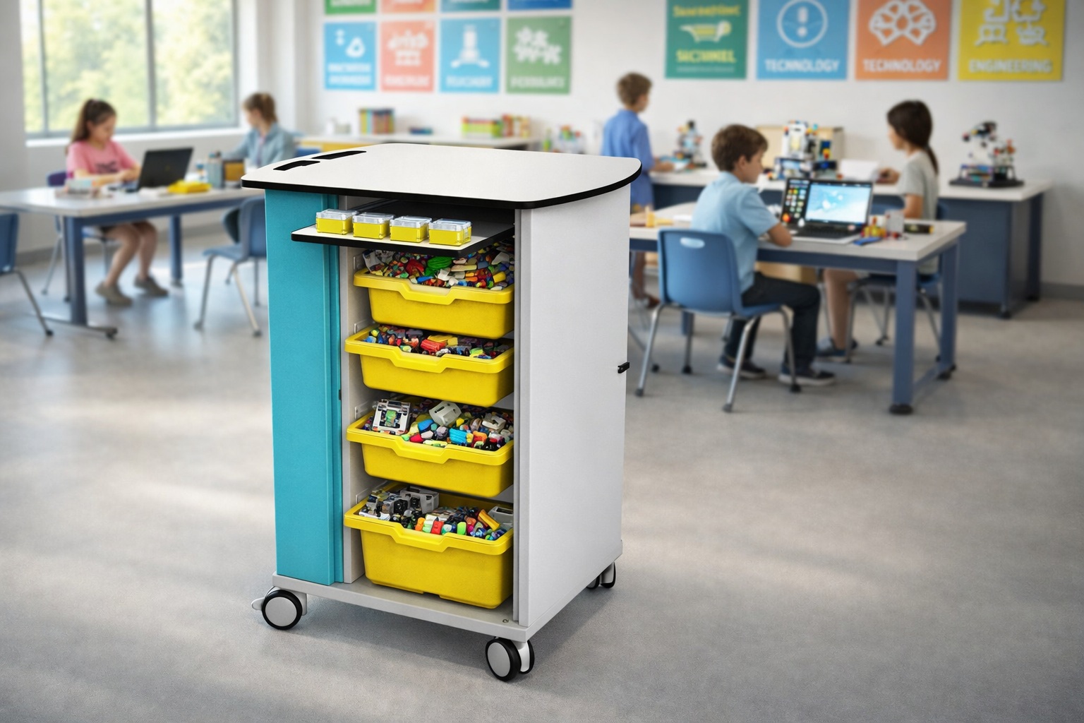 Zioxi LEGO Spike oplaadkar in een STEM klaslokaal waar kinderen met laptops en LEGO aan het werk zijn